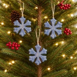 Rustic Blue Snowflake Ornaments Set of 3 Wood Farmhouse Christmas Decor